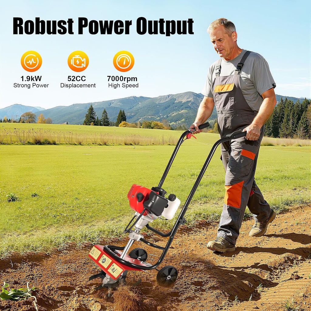 52CC Mini Hand Push Tiller Cultivator with Wheels, 2HP 2-Stroke Air-Cooled Single Cylinder Gas Rototiller,7000RPM Recoil Tillage Ripper for Garden Lawn, Digging, Weed Removal,Soil Cultivation