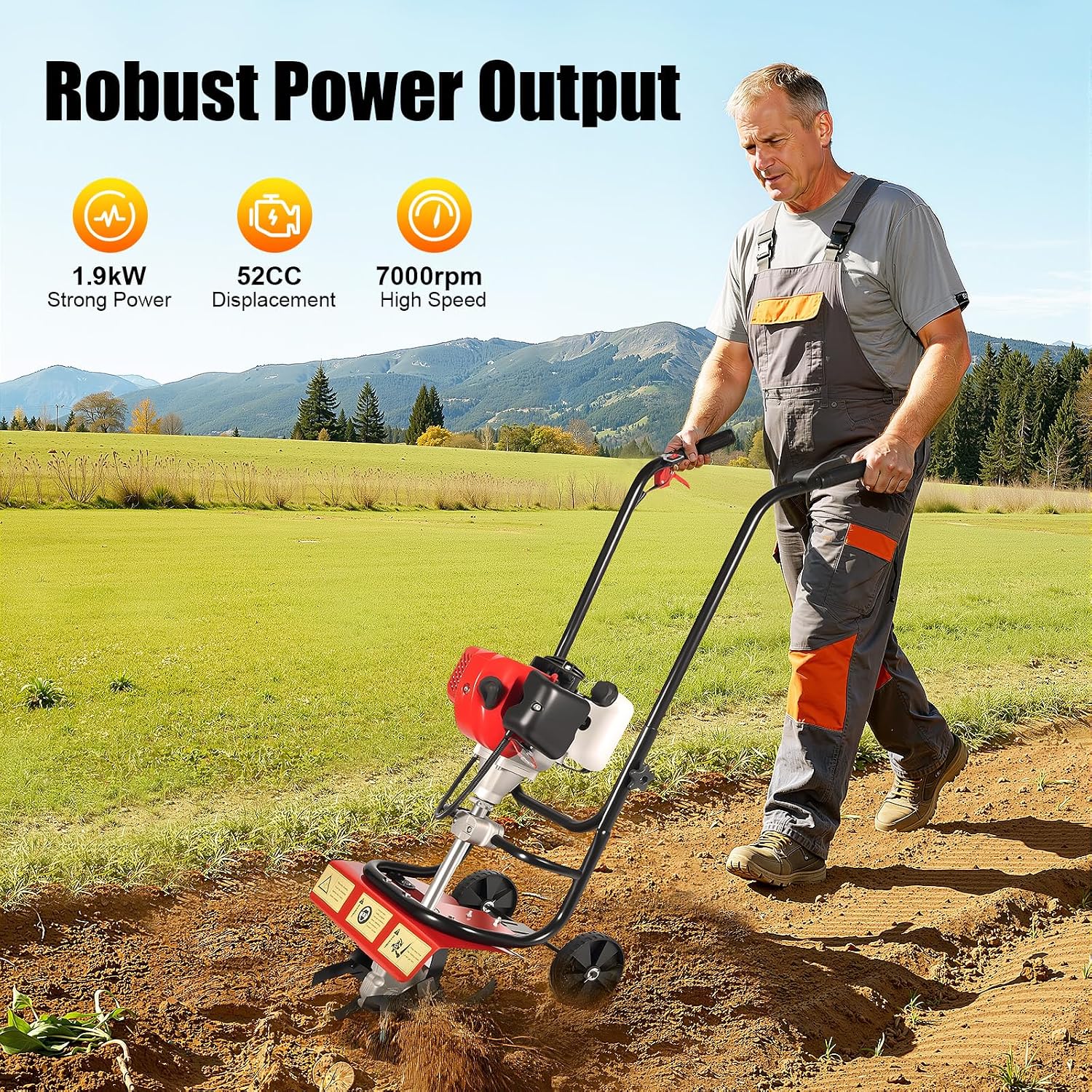 52CC Mini Hand Push Tiller Cultivator with Wheels, 2HP 2-Stroke Air-Cooled Single Cylinder Gas Rototiller,7000RPM Recoil Tillage Ripper for Garden Lawn, Digging, Weed Removal,Soil Cultivation