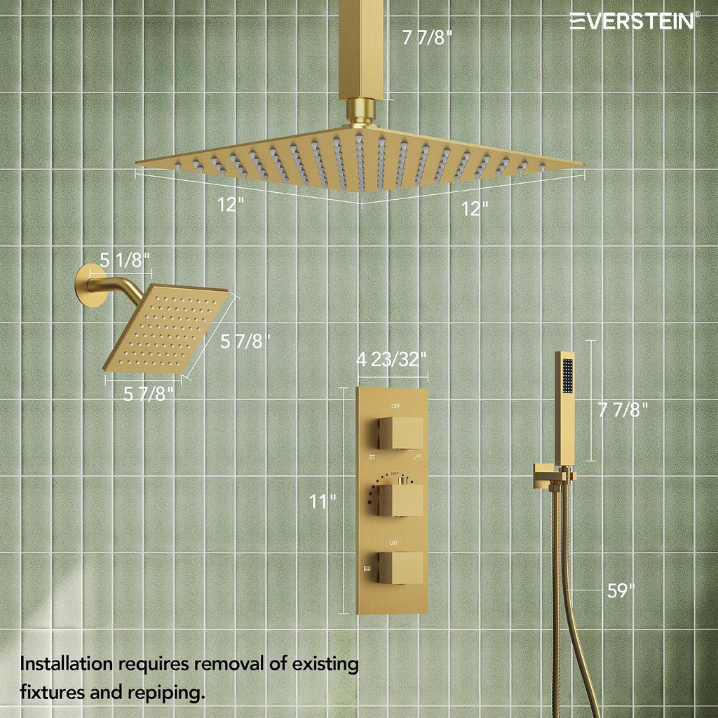 12' Ceiling Mount Dual Rainfall Shower Head System with Handheld Spray, Bathroom Shower Set with Valve(Brushed Gold)