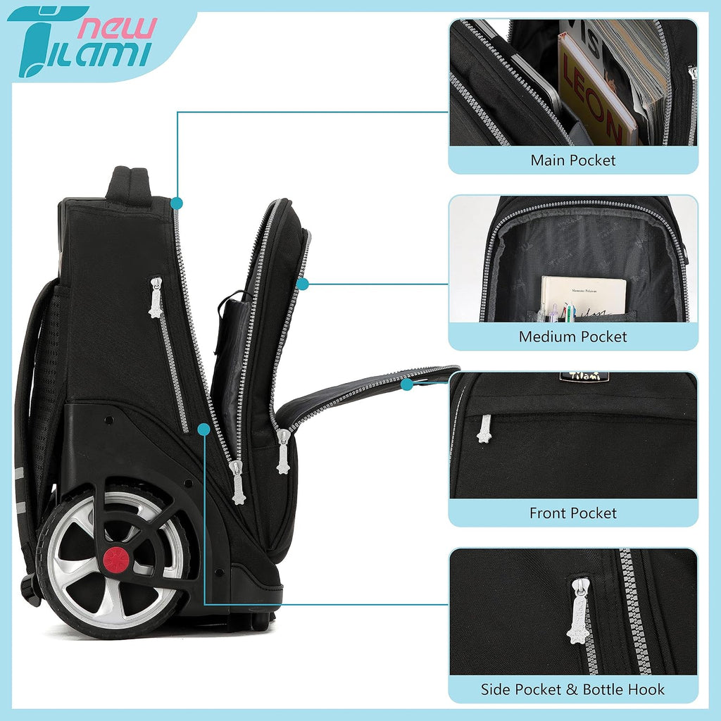 NEW TILAMI 19 inch Rolling Backpack Teens Rolling Backpack Cute Wheeled Laptop Backpack Bookbag Roller Travel Bag College, Black