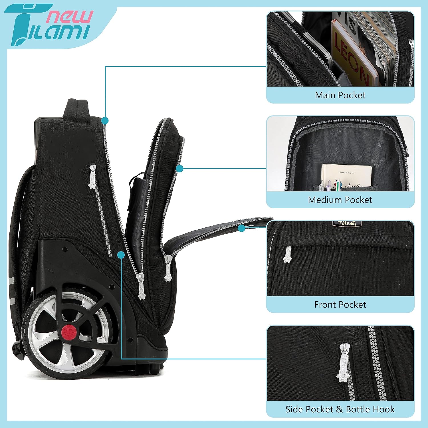 NEW TILAMI 19 inch Rolling Backpack Teens Rolling Backpack Cute Wheeled Laptop Backpack Bookbag Roller Travel Bag College, Black