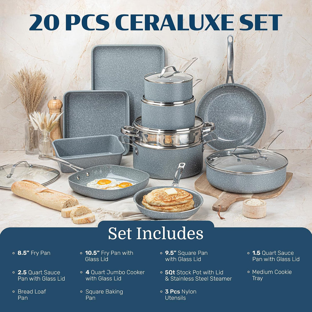 Granitestone Ceraluxe 20 Pc Ceramic Cookware Set Nonstick, Complete Pots and Pans Set Non Stick for Kitchen with Bakeware, Utensils & Steamer, Non Toxic Made Without PFOA PFOS, Oven & Dishwasher Safe