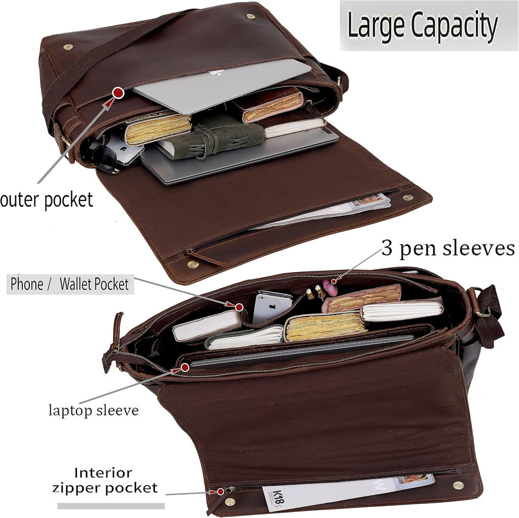 Leather farm Messenger Bag for Men & Women 17.5 Inch – Premium Vintage Handmade Laptop Briefcase Satchel, Mens Shoulder Crossbody, Genuine Leather Computer Work Bag with Adjustable Strap Brown