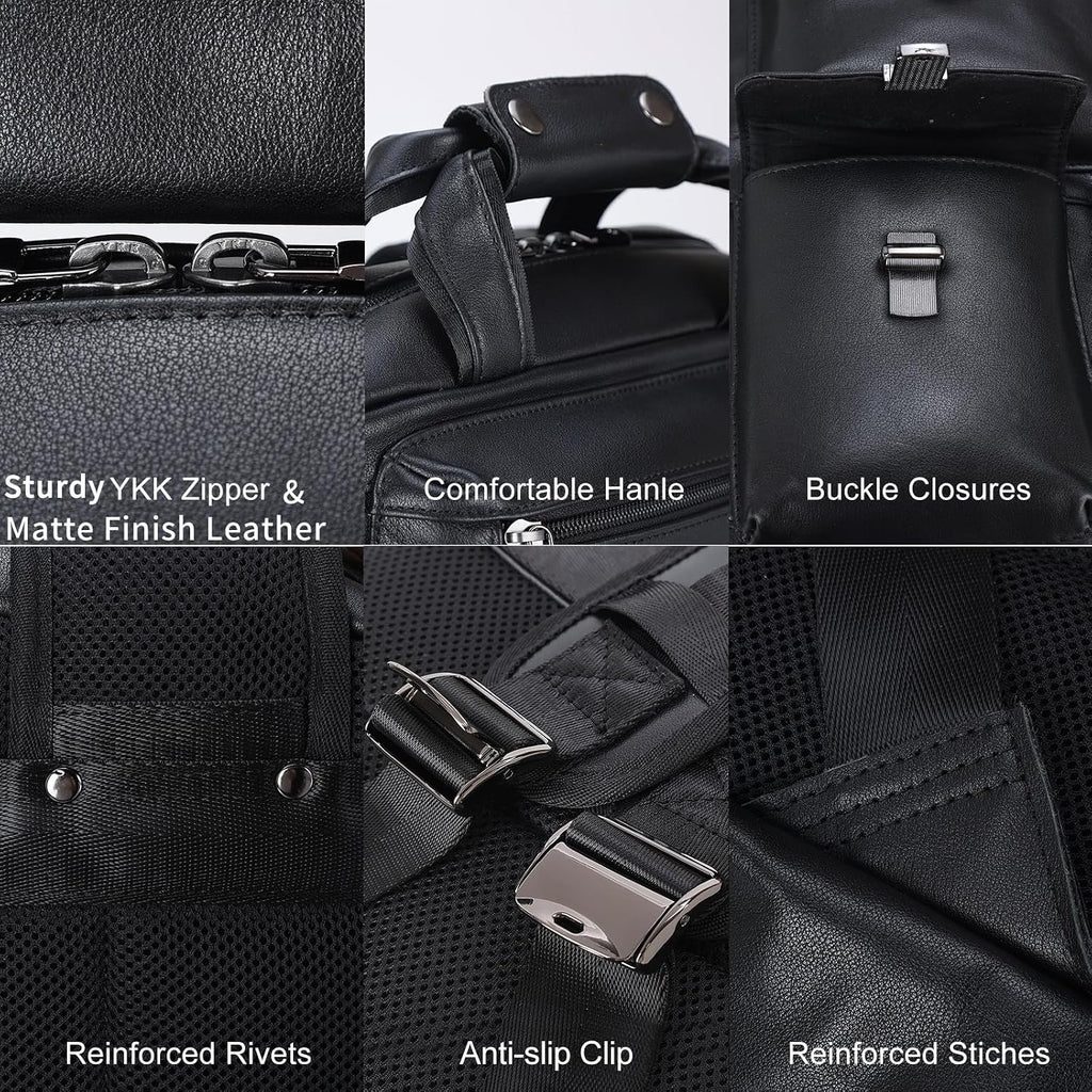 Masa Kawa Black Leather Backpack for Men 15.6 Inch Laptop Bag Multi Pockets Casual Work Business Travel Daypack