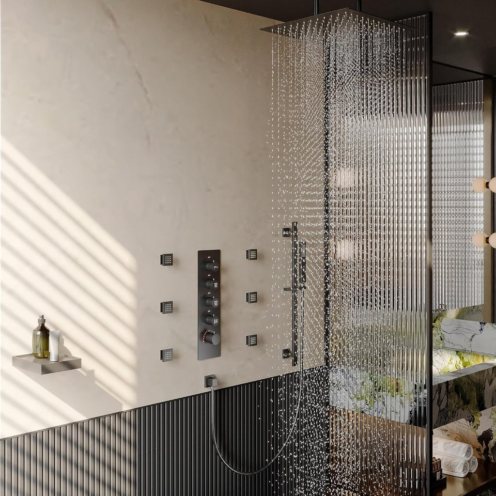 MONDAWE 16 Inch Thermostatic Shower System in Matte Black, Ceiling Mounted Rain and Mist Shower Head with Handheld Spray and 6 Body Jets, High Pressure Bathroom Shower Faucet Set, Solid Brass Valve