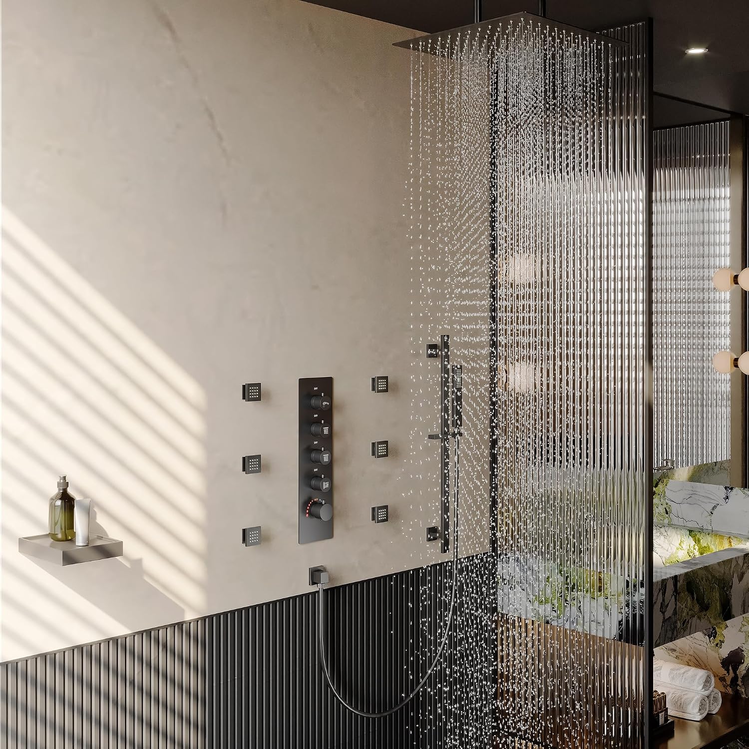 MONDAWE 16 Inch Thermostatic Shower System in Matte Black, Ceiling Mounted Rain and Mist Shower Head with Handheld Spray and 6 Body Jets, High Pressure Bathroom Shower Faucet Set, Solid Brass Valve