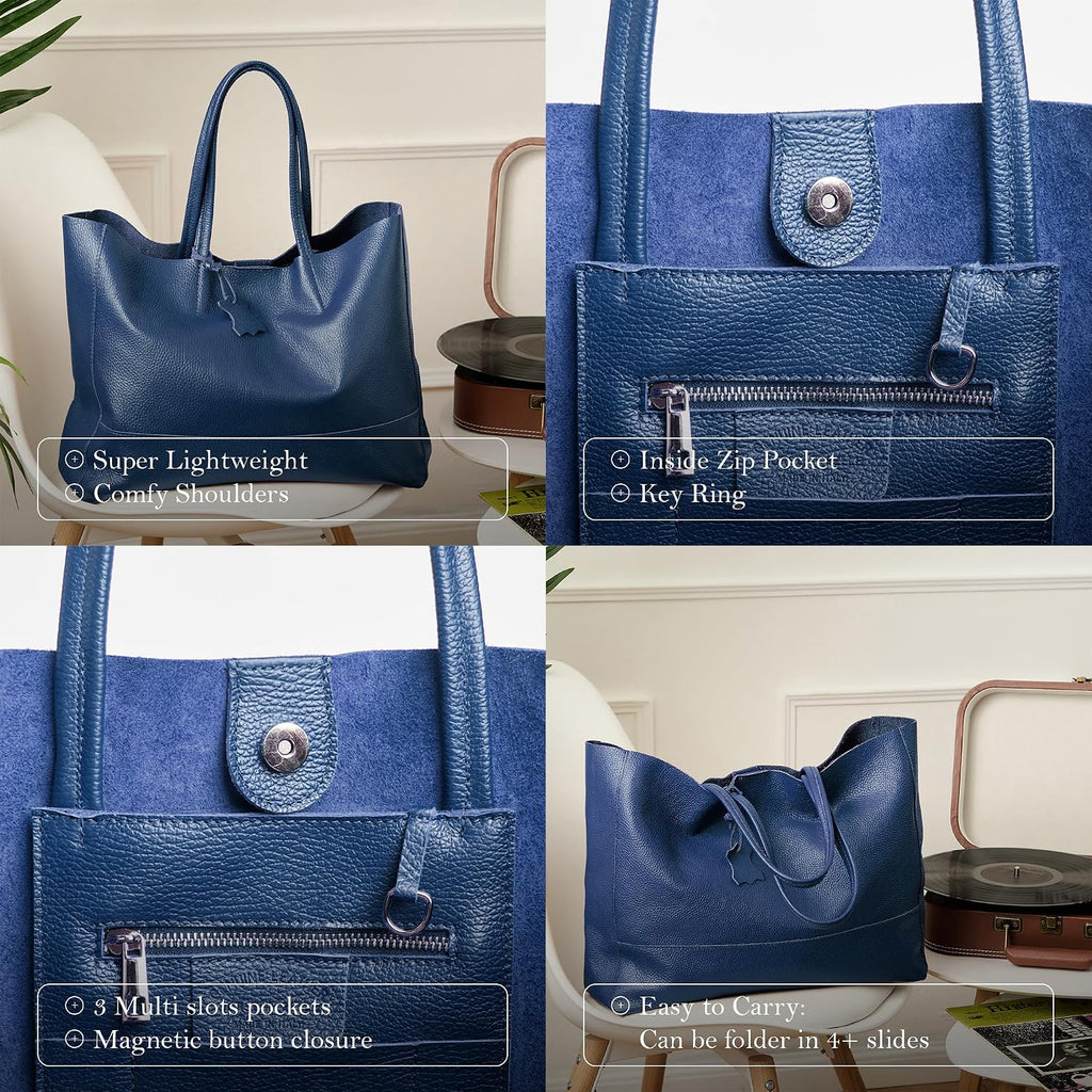 Italian Leather Tote Bag for Women - Large Shoulder Shopper, Fits 16' Laptop, Keychain Holder, Made in Italy