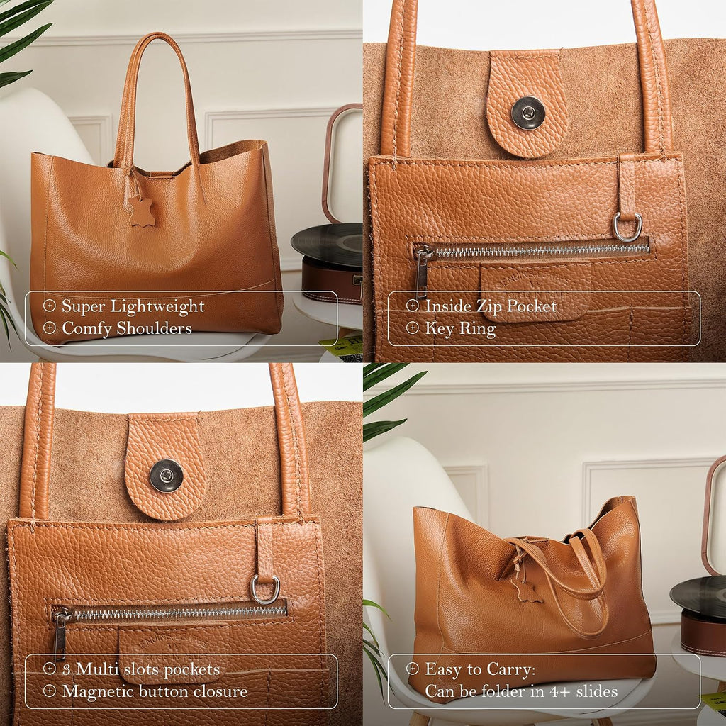 Italian Leather Tote Bag for Women - Large Shoulder Shopper, Fits 16' Laptop, Keychain Holder, Made in Italy