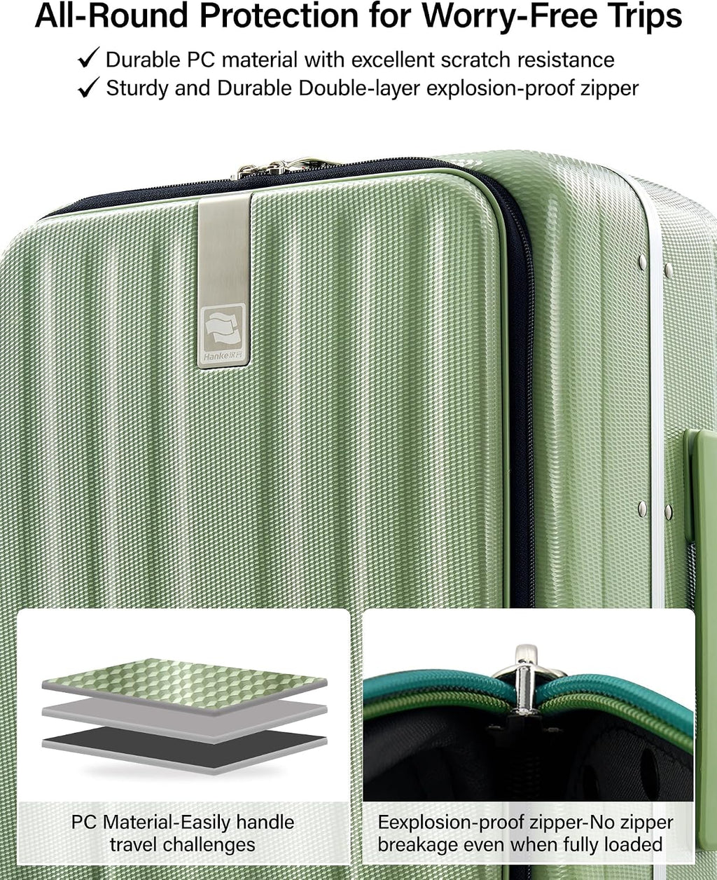 Hanke 16 Inch Underseat Carry On Luggage with Wheels,Small Hard Shell Suitcases for Weekender,Top Opening Lightweight Travel Luggage Suitcase for Womem Men,Bamboo Green.