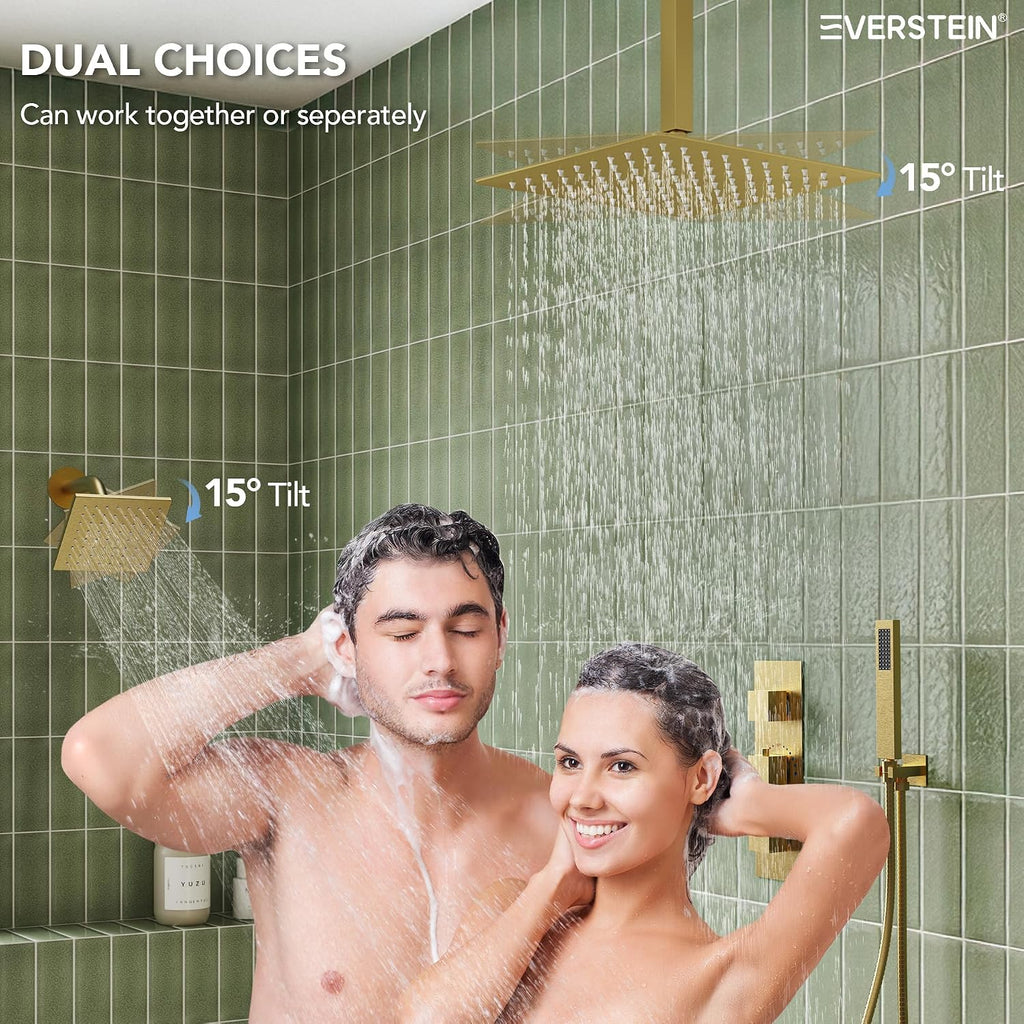 12' Ceiling Mount Dual Rainfall Shower Head System with Handheld Spray, Bathroom Shower Set with Valve(Brushed Gold)