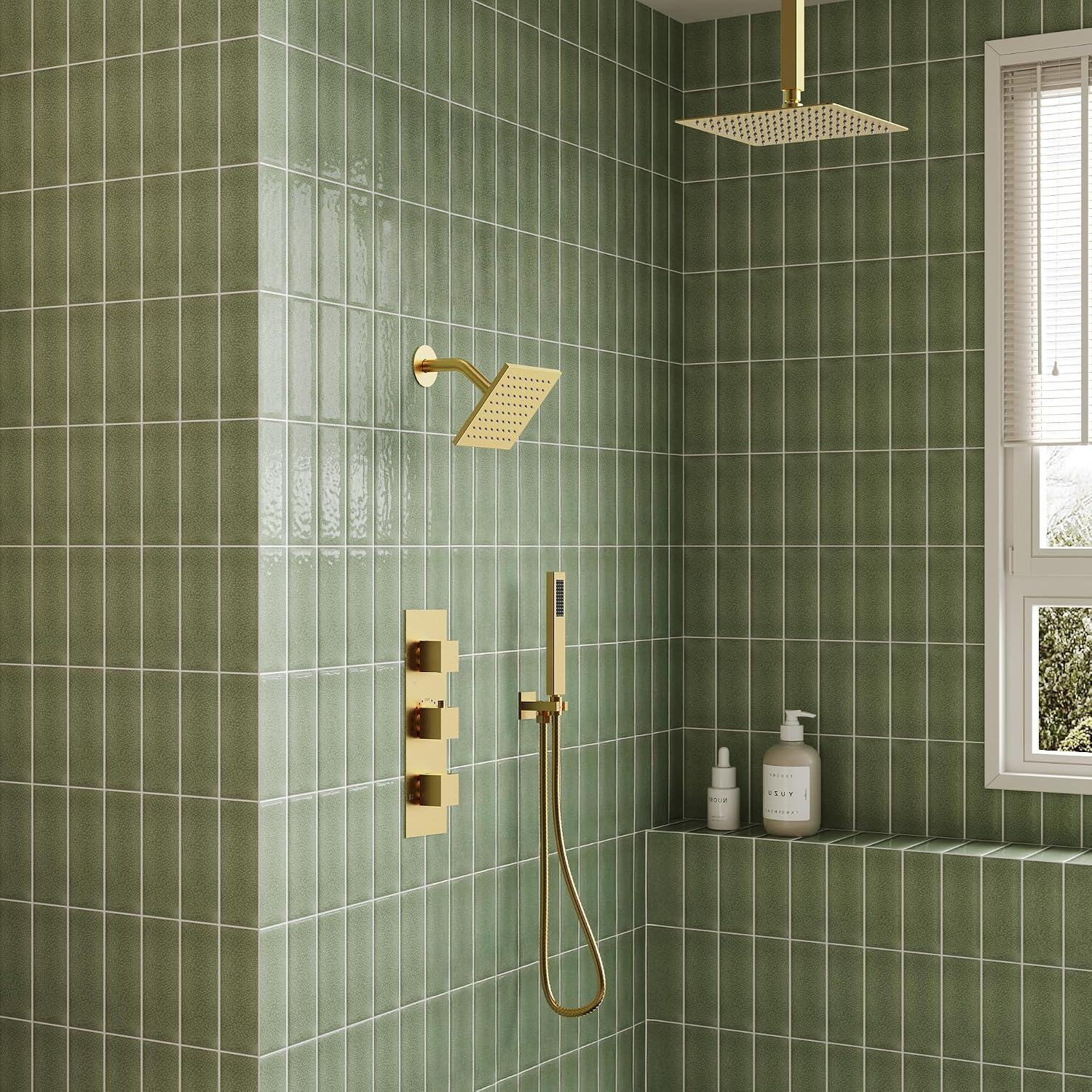 12' Ceiling Mount Dual Rainfall Shower Head System with Handheld Spray, Bathroom Shower Set with Valve(Brushed Gold)