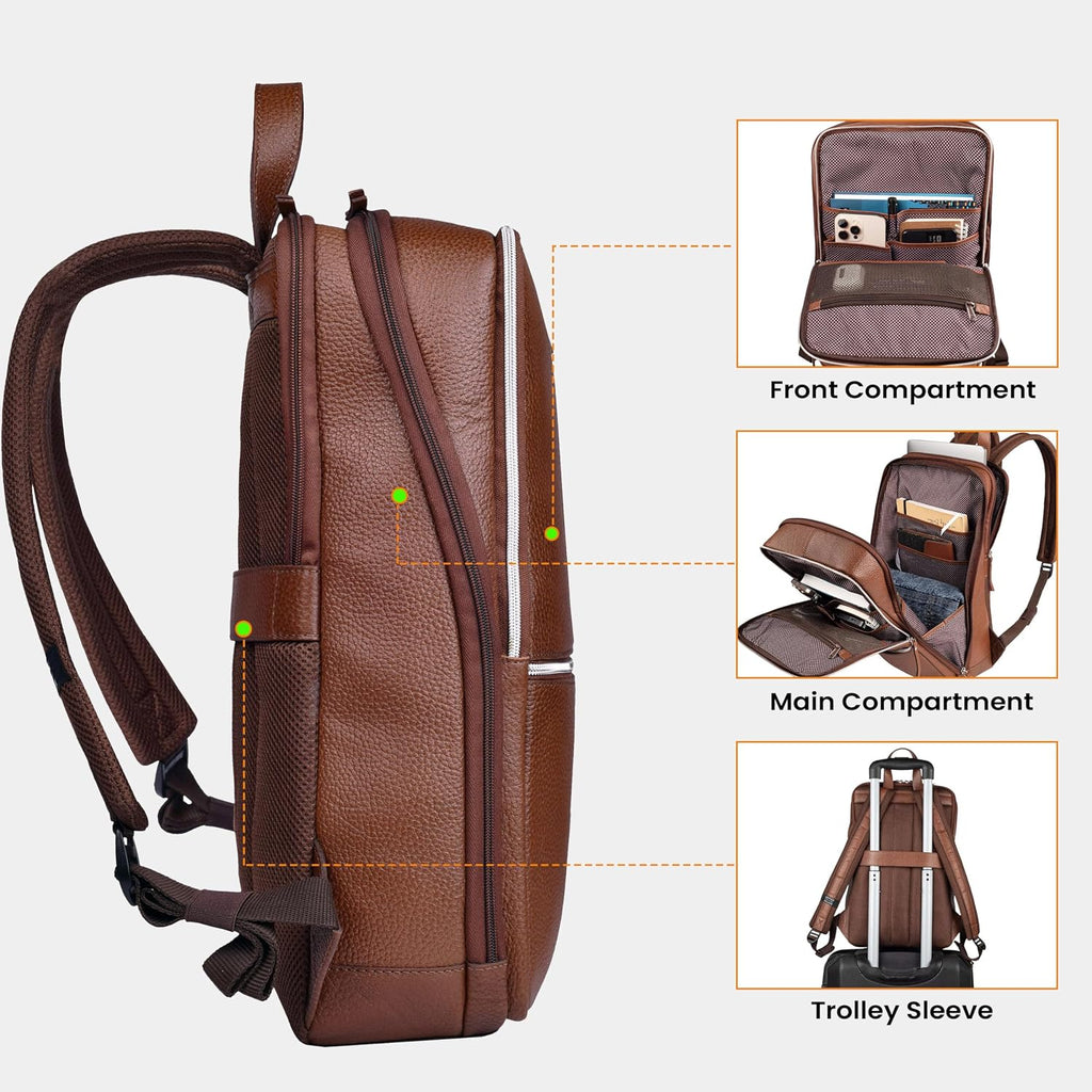 LEATHER VILLAGE Leather Laptop Backpack for Men | Cognac Brown | Slim Professional Business Bag Fits 15.6'-Laptop | Water-Repellent Work & Travel Daypack with Trolley Strap
