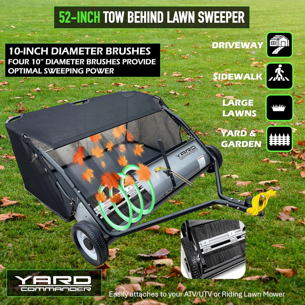 Yard Commander - 52-Inch Tow-Behind Lawn Sweeper, 10' Nylon Brushes, Universal Tractor/ATV Hitch, Never-Flat Wheels, Adjustable Height, 1-Year Warranty, Ideal for Leaves, Grass & Debris