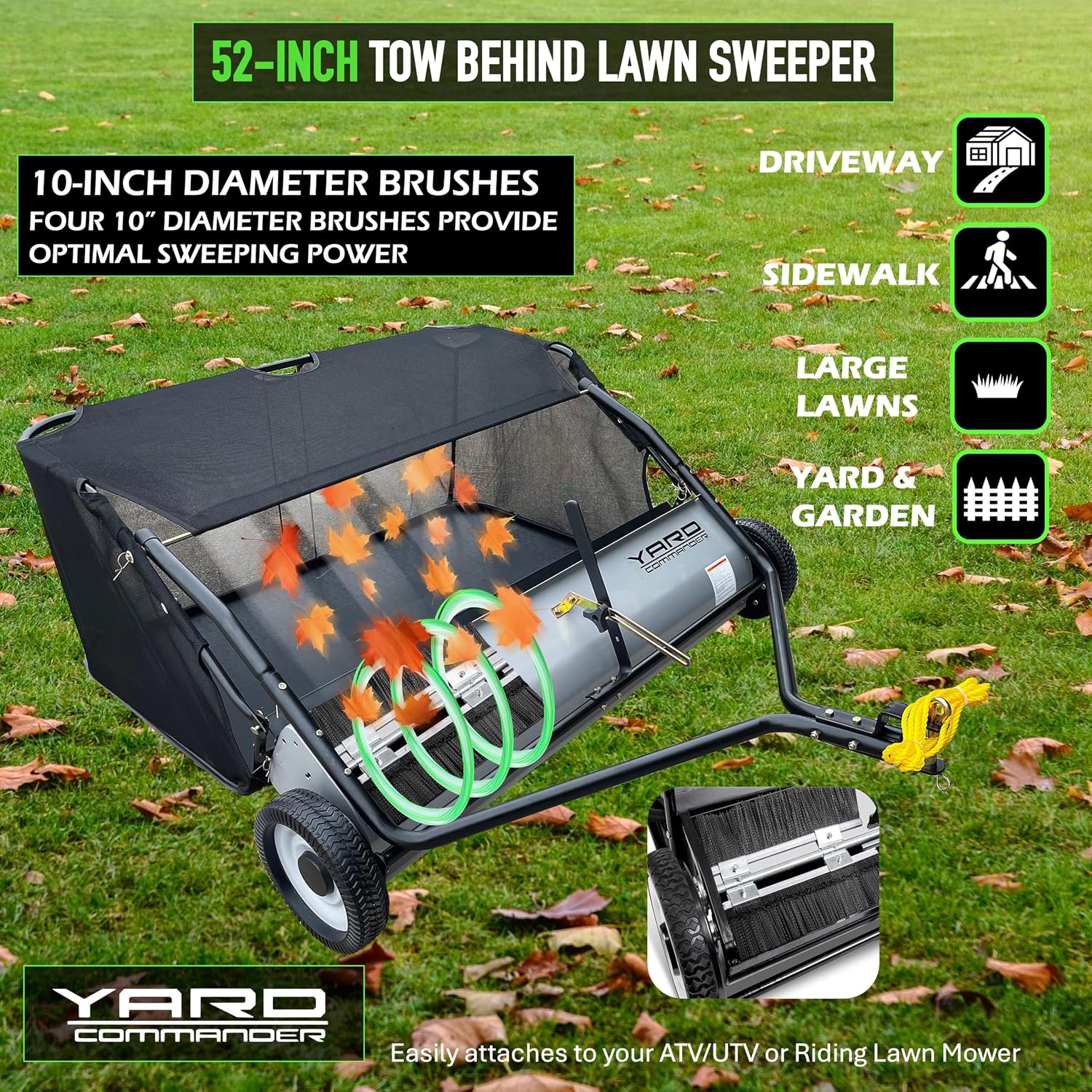 Yard Commander - 52-Inch Tow-Behind Lawn Sweeper, 10' Nylon Brushes, Universal Tractor/ATV Hitch, Never-Flat Wheels, Adjustable Height, 1-Year Warranty, Ideal for Leaves, Grass & Debris