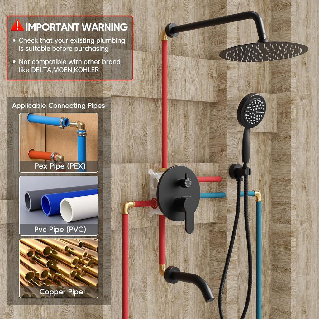 Shower System with Tub Spout, Shower Faucet Set with 10-Inch Rain Shower Head, Handheld Shower head and Shower Faucet Trim valve, Wall Mounted Bathroom Shower Combo Set, Matte Black