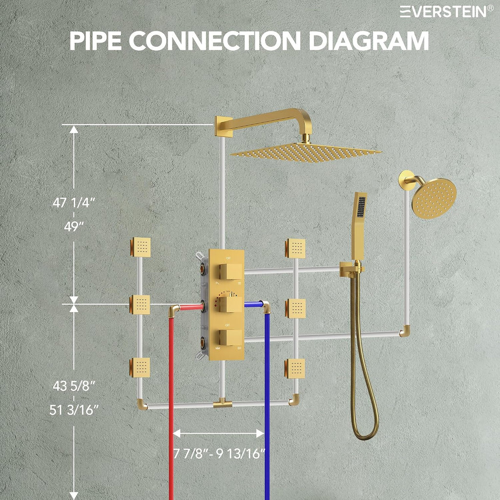 Wall Mount 12' High-Pressure Rainfall Shower Faucet, Dual Rainfall Shower Head System with 6 Body Jets (Brushed Gold)