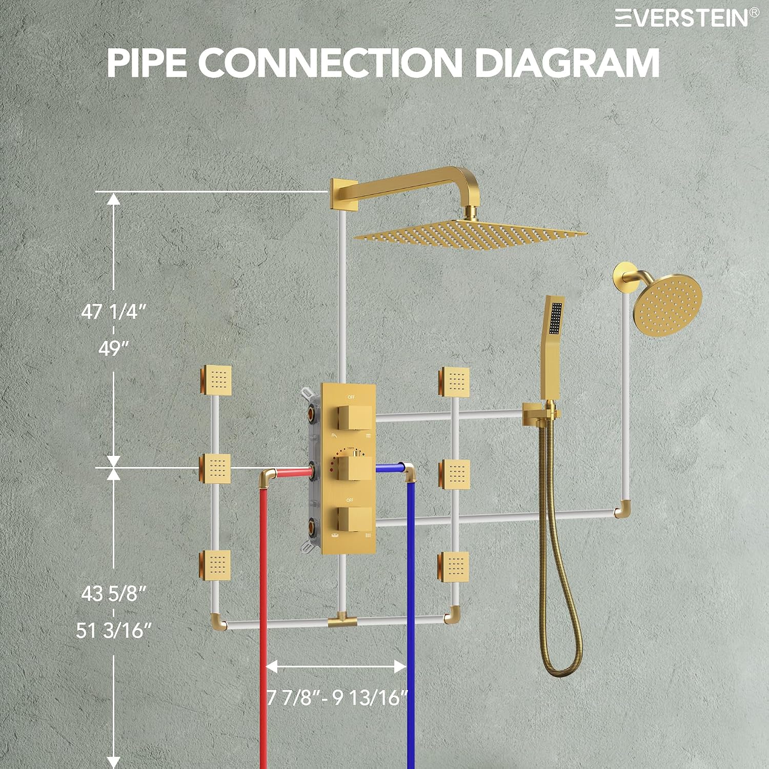 Wall Mount 12' High-Pressure Rainfall Shower Faucet, Dual Rainfall Shower Head System with 6 Body Jets (Brushed Gold)