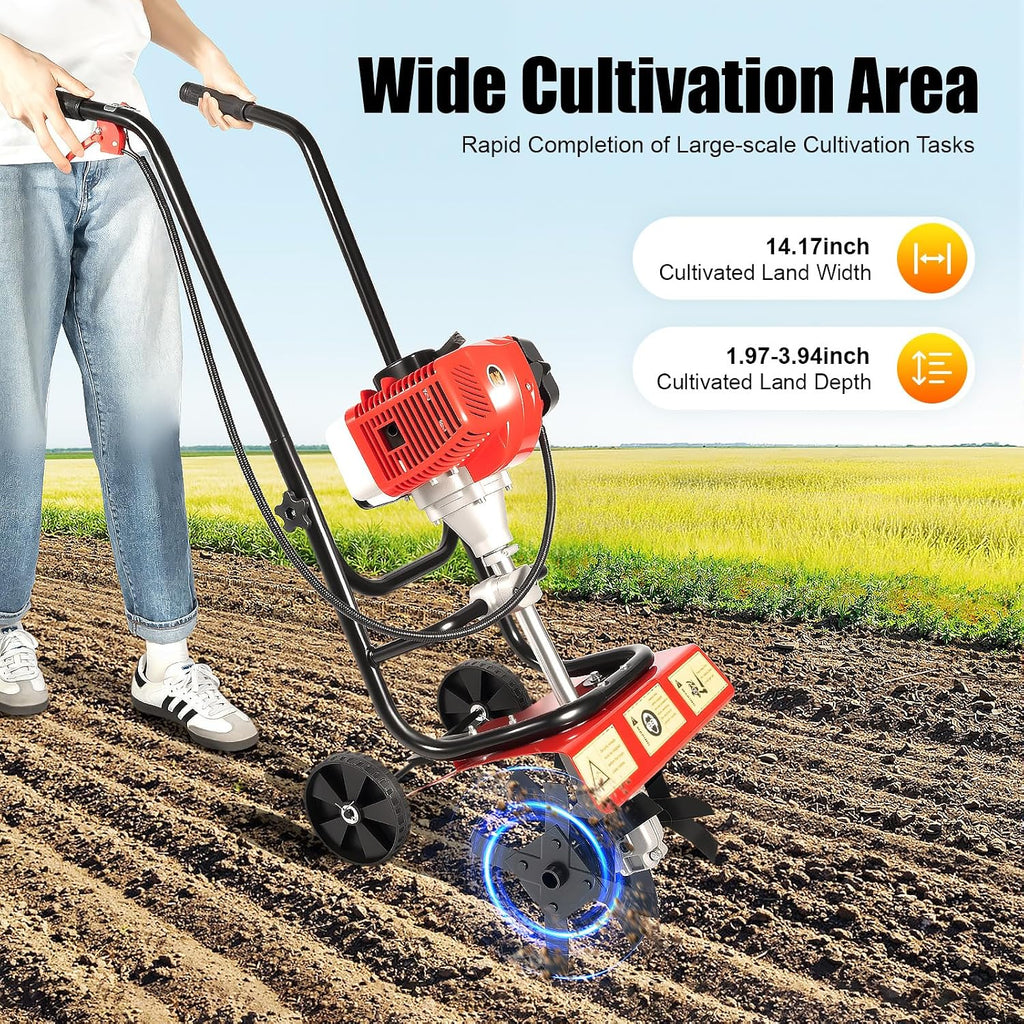 52CC Mini Hand Push Tiller Cultivator with Wheels, 2HP 2-Stroke Air-Cooled Single Cylinder Gas Rototiller,7000RPM Recoil Tillage Ripper for Garden Lawn, Digging, Weed Removal,Soil Cultivation