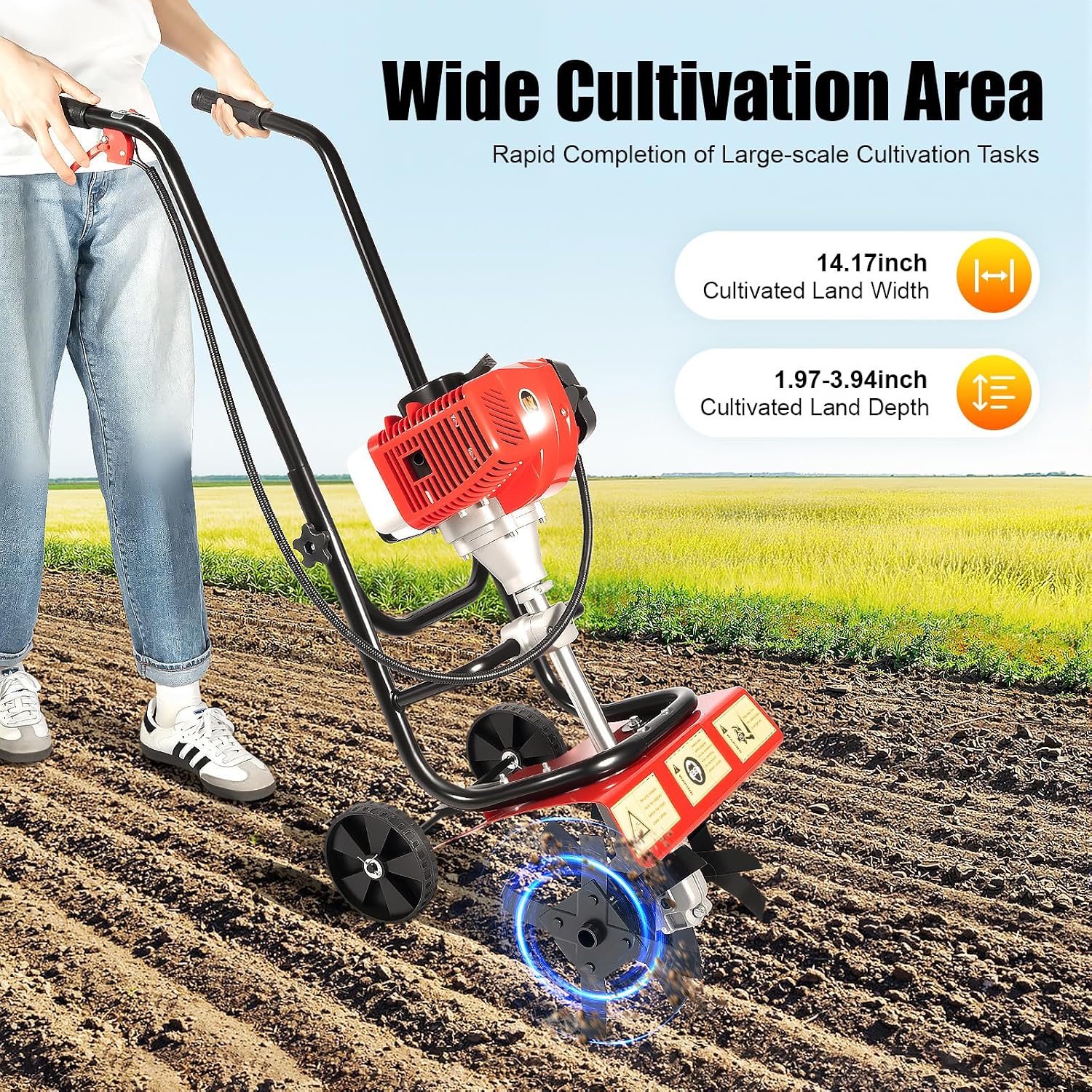52CC Mini Hand Push Tiller Cultivator with Wheels, 2HP 2-Stroke Air-Cooled Single Cylinder Gas Rototiller,7000RPM Recoil Tillage Ripper for Garden Lawn, Digging, Weed Removal,Soil Cultivation