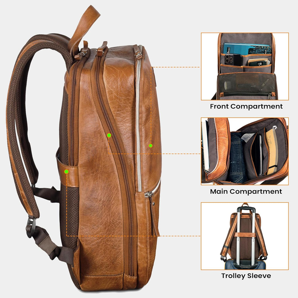 LEATHER VILLAGE Leather Laptop Backpack for Men | Camel Brown | Slim Professional Business Bag Fits 15.6'-Laptop | Water-Repellent Work & Travel Daypack with Trolley Strap