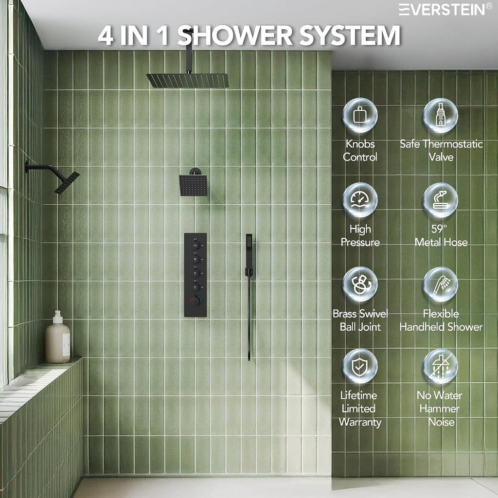 Thermostatic Shower system, 16, 6 in. Bathroom Shower Set Wall Mount Dual Shower Head Faucet in Matte Black