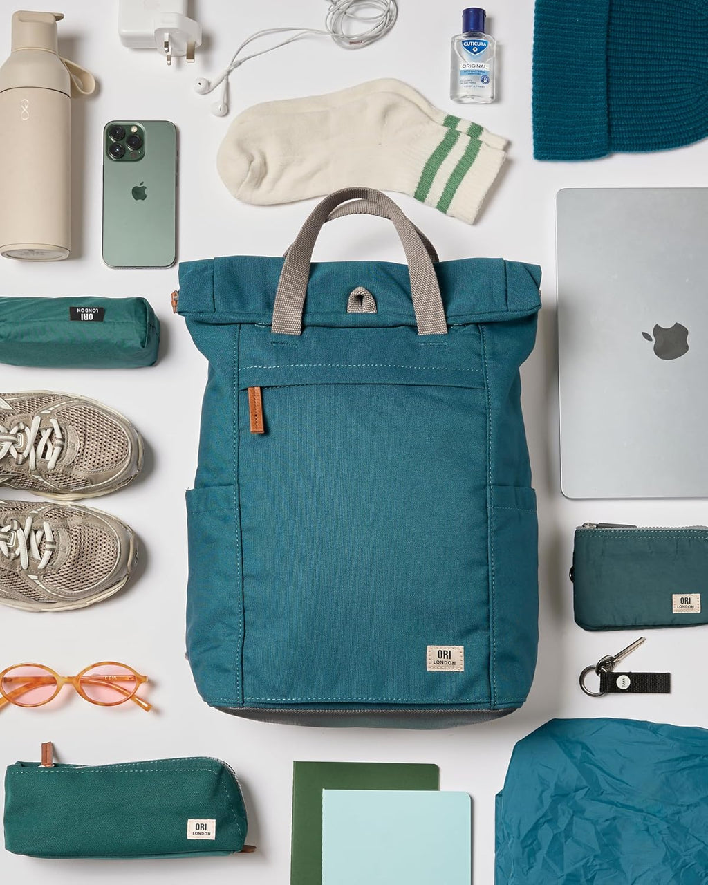 ORI LONDON Travel Backpack - Large Water-Resistant Nylon Rolltop Laptop Backpack for Men & Women - The Finchley - Airforce