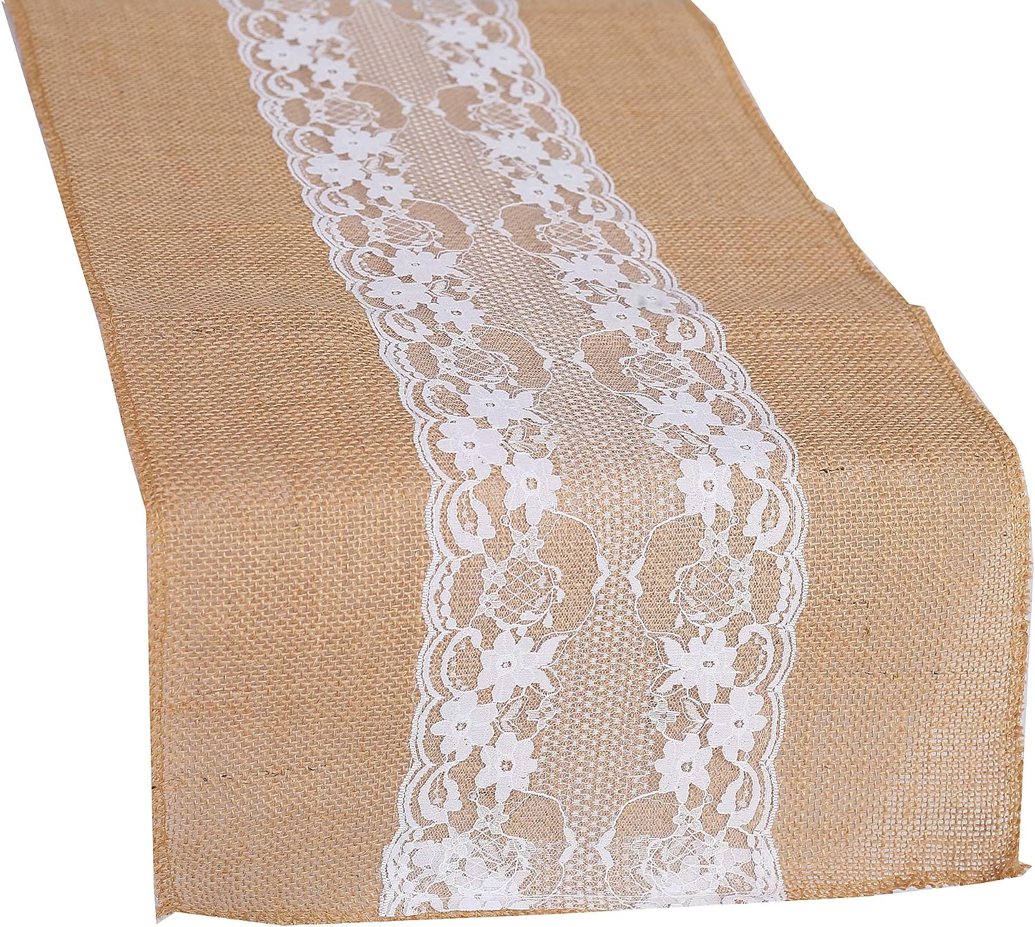 MDS 10 PCS 100% Natural Burlap Table Runners 12' x 108' with Lace, Rustic Farmhouse Country Vintage Boho Jute Runner for Wedding Reception Birthday Party Home Kitchen Dining Coffee Table Decoration