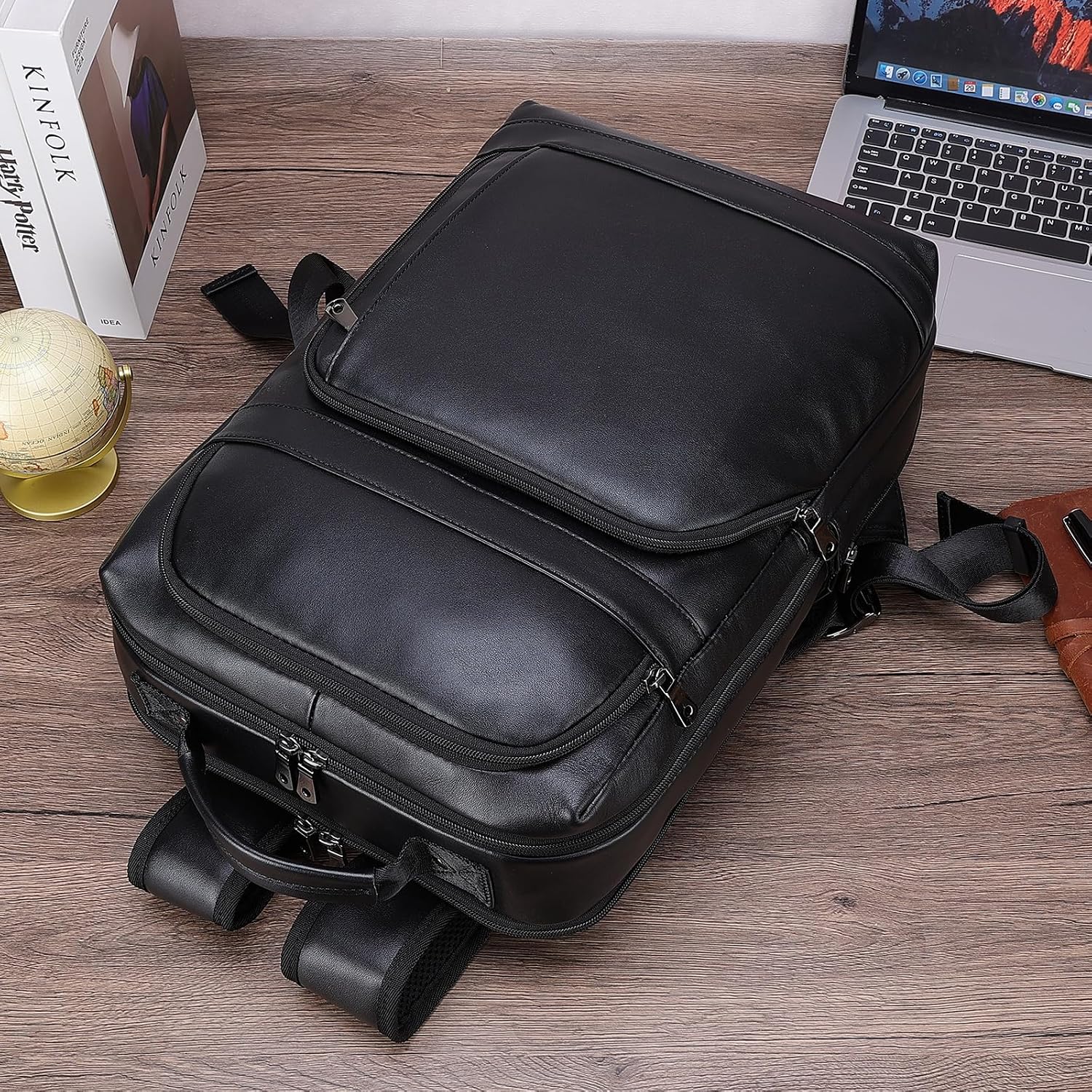 Masa Kawa Black Leather Laptop Backpack for Men Fits 16' 15.6' Computer, Business Travel Work Large Daypack Camping Weekender Bag