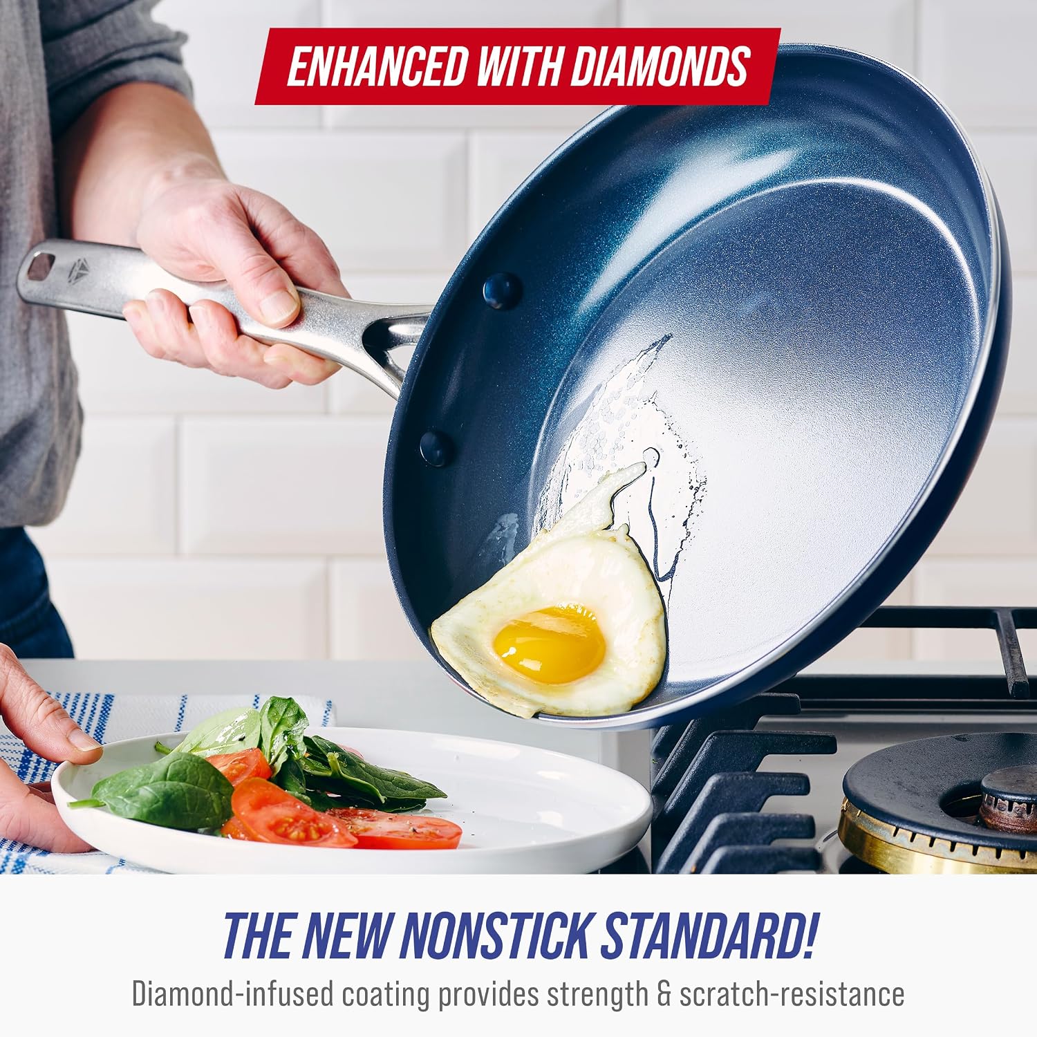 Blue Diamond 9 Piece Nonstick Cookware Set, Diamond Ceramic Pots & Pans, Dishwasher & Metal Utensil Safe, Non Toxic PFAS-Free, Kitchen Cooking Sauce & Saute Pans, Oven & Broiler to 600F, Blue