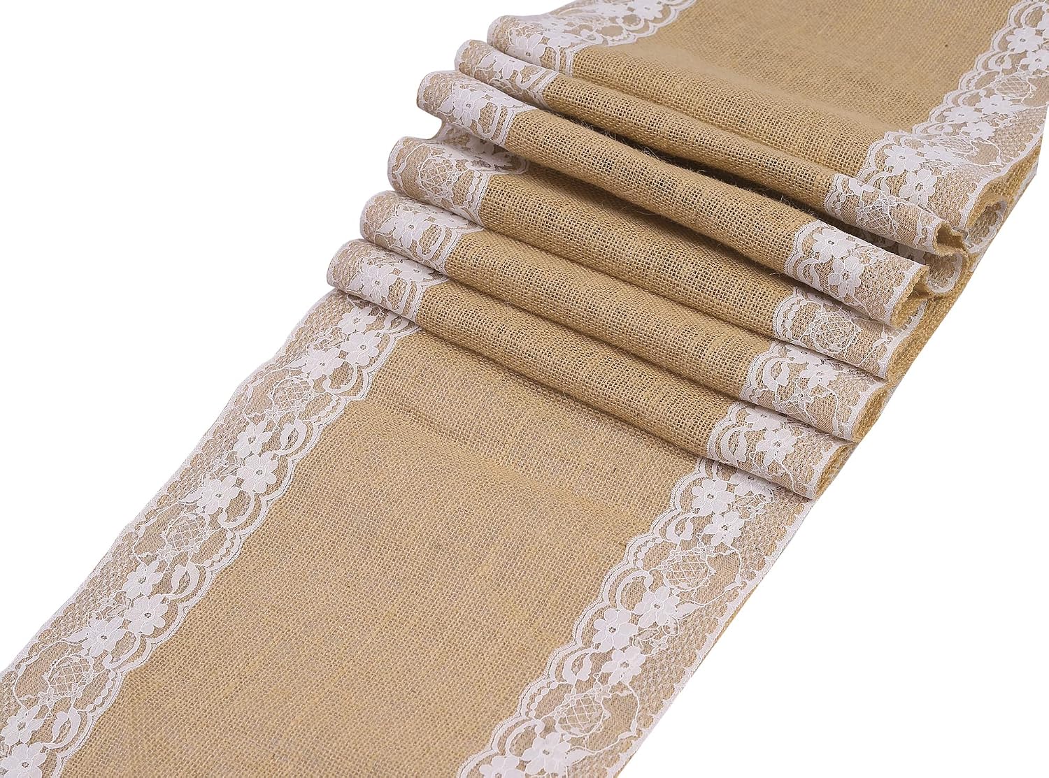 MDS 12 PCS 100% Natural Burlap Table Runners 12' x 108' with Lace, Rustic Farmhouse Country Vintage Boho Jute Runner for Wedding Reception Birthday Party Home Kitchen Dining Coffee Table Decoration
