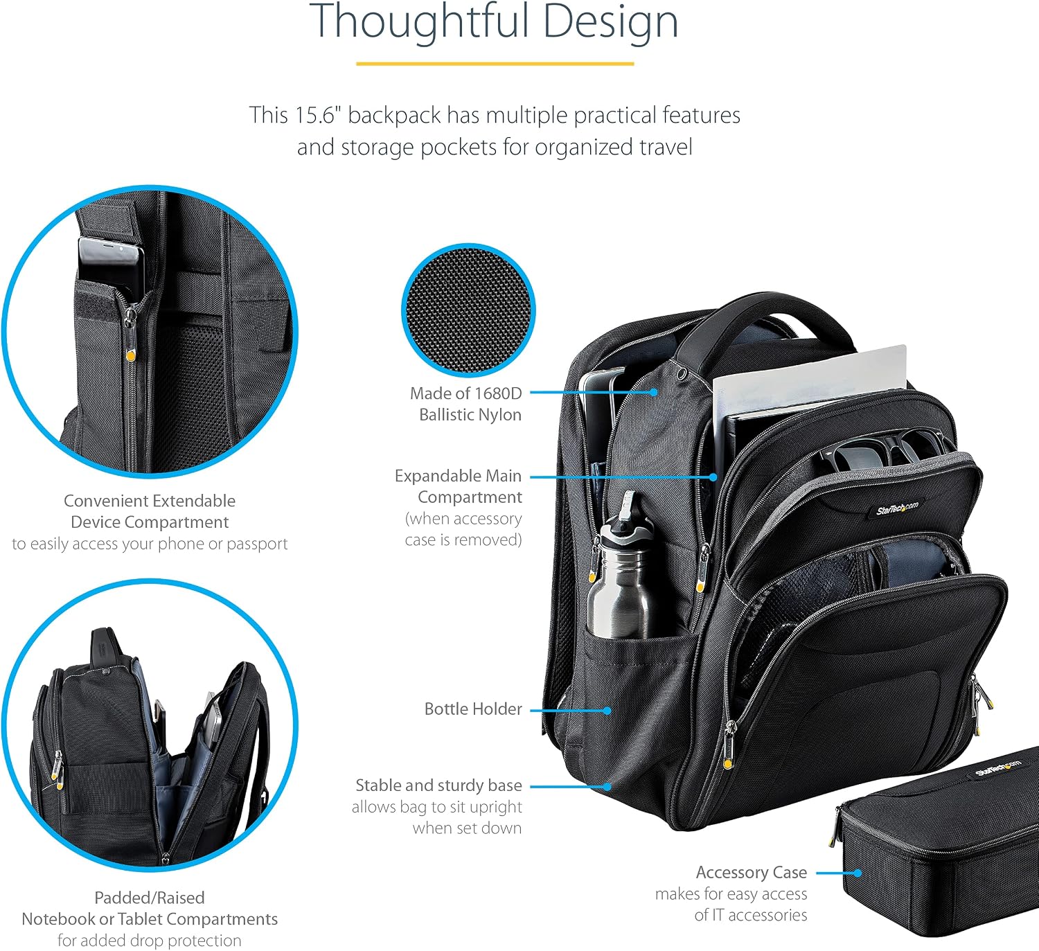 StarTech.com Unisex Backpack Ergonomic Computer Bag with Removable Accessory Case-Laptop/Tablet Pockets-Nylon, Black, 15.6' Professional IT Tech Work/Travel/Commute (NTBKBAG156)