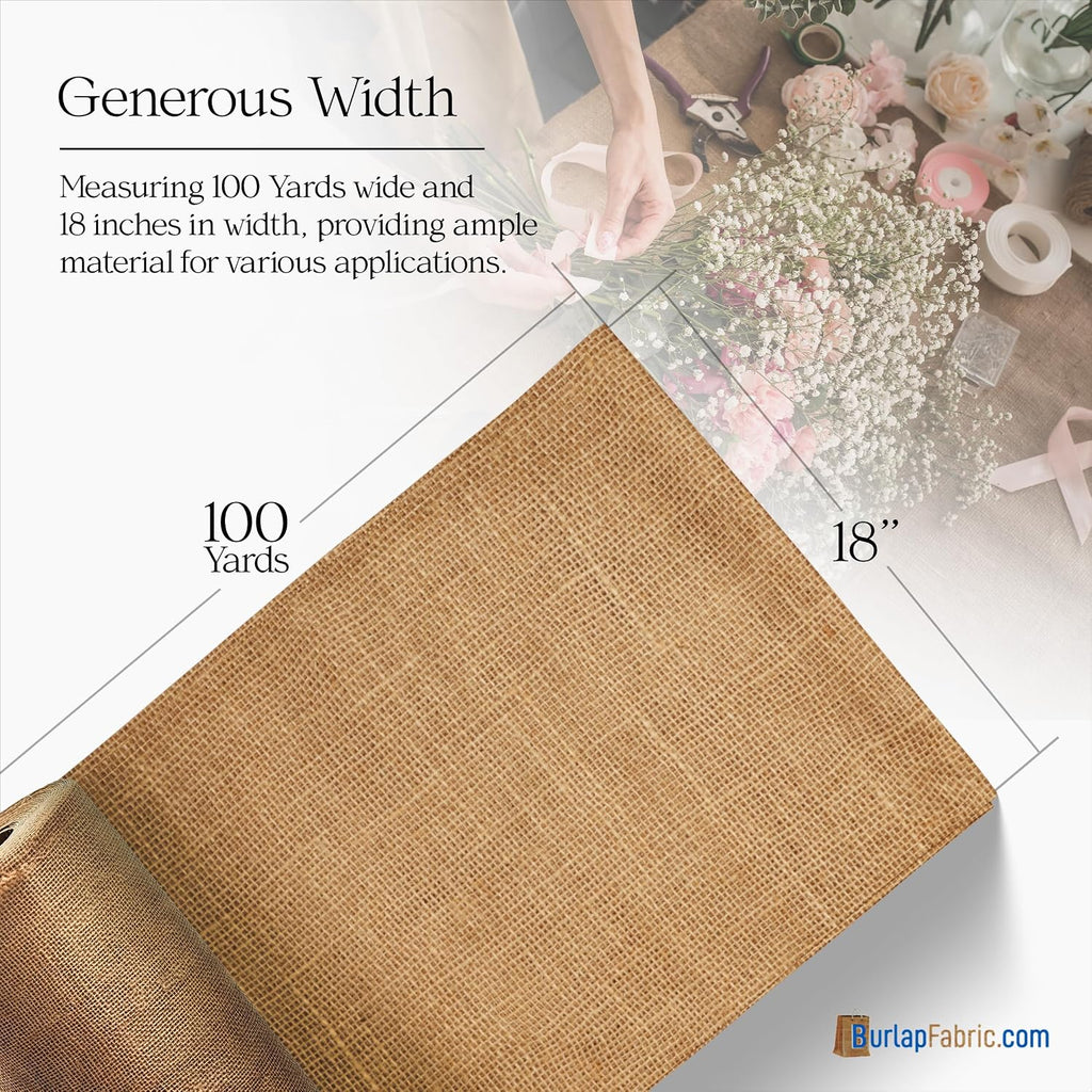 Burlap Jute Fabric by The Yard Natural Burlap Roll, 18 Inch Wide x 100 Yards, 10 Ounce – Eco-Friendly Material for Rustic Decor, Gardening, Table Runners, Crafts, and Weddings - Made in USA