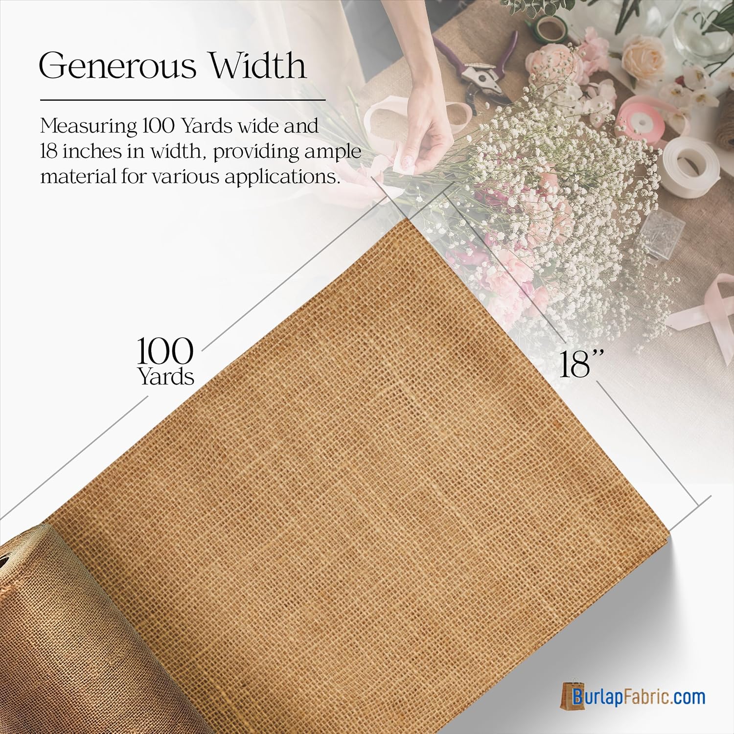 Burlap Jute Fabric by The Yard Natural Burlap Roll, 18 Inch Wide x 100 Yards, 10 Ounce – Eco-Friendly Material for Rustic Decor, Gardening, Table Runners, Crafts, and Weddings - Made in USA