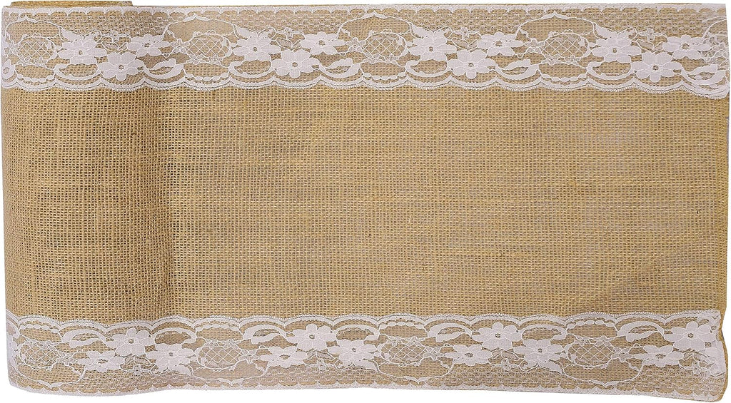 MDS 12 PCS 100% Natural Burlap Table Runners 12' x 108' with Lace, Rustic Farmhouse Country Vintage Boho Jute Runner for Wedding Reception Birthday Party Home Kitchen Dining Coffee Table Decoration