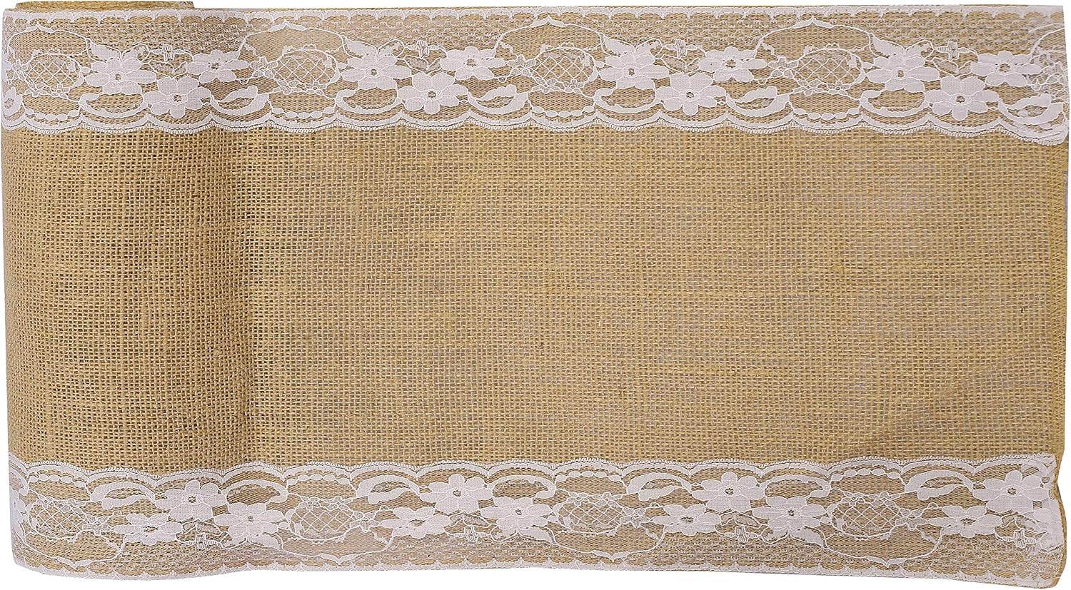 MDS 12 PCS 100% Natural Burlap Table Runners 12' x 108' with Lace, Rustic Farmhouse Country Vintage Boho Jute Runner for Wedding Reception Birthday Party Home Kitchen Dining Coffee Table Decoration