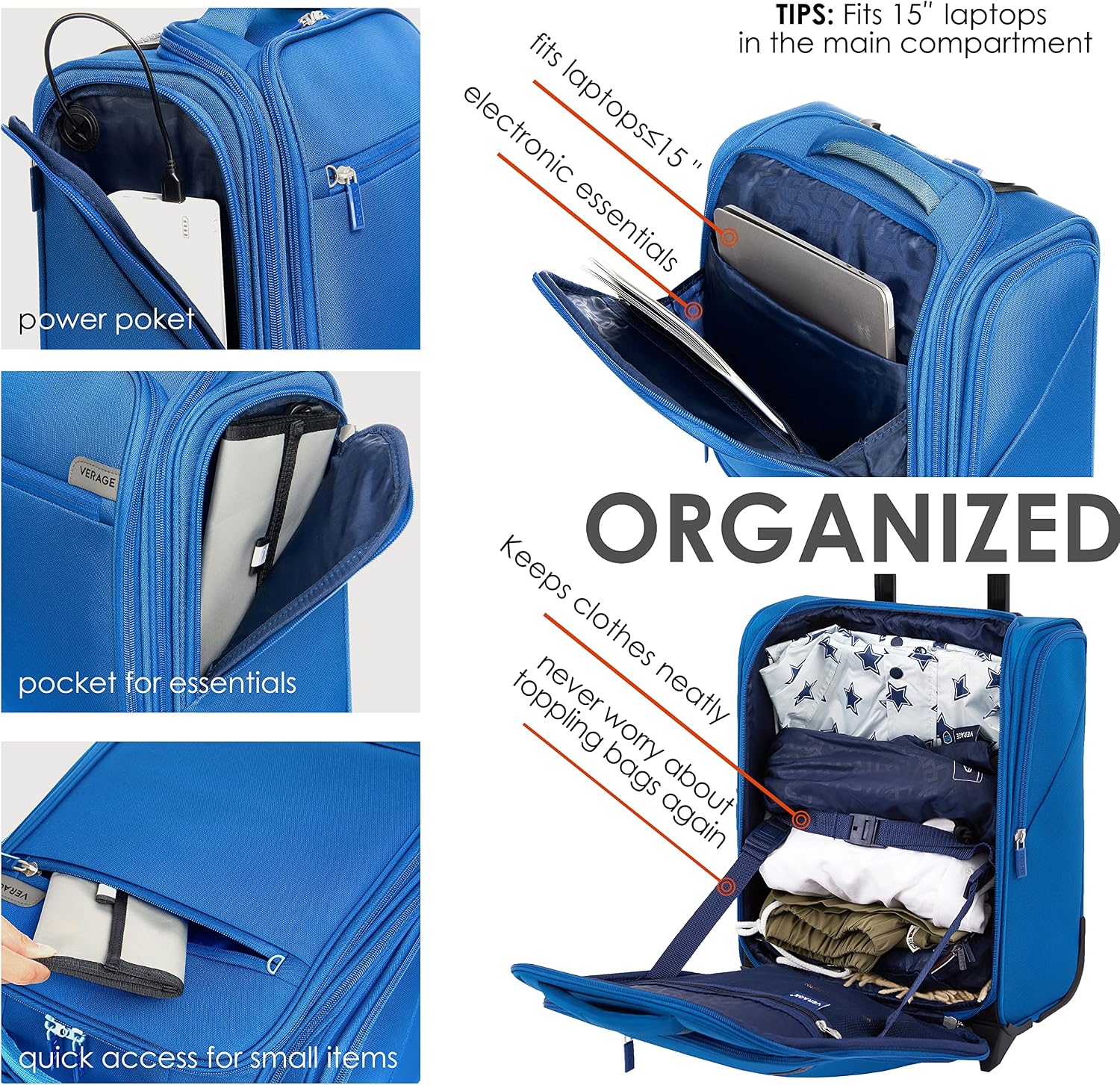 Verage Carry On Underseat Luggage with Wheels & USB Port, Wheeled Spinner Bag Carry-on Luggages for Airlines, Lightweight Suitcase Men Women, Pilots and Crew