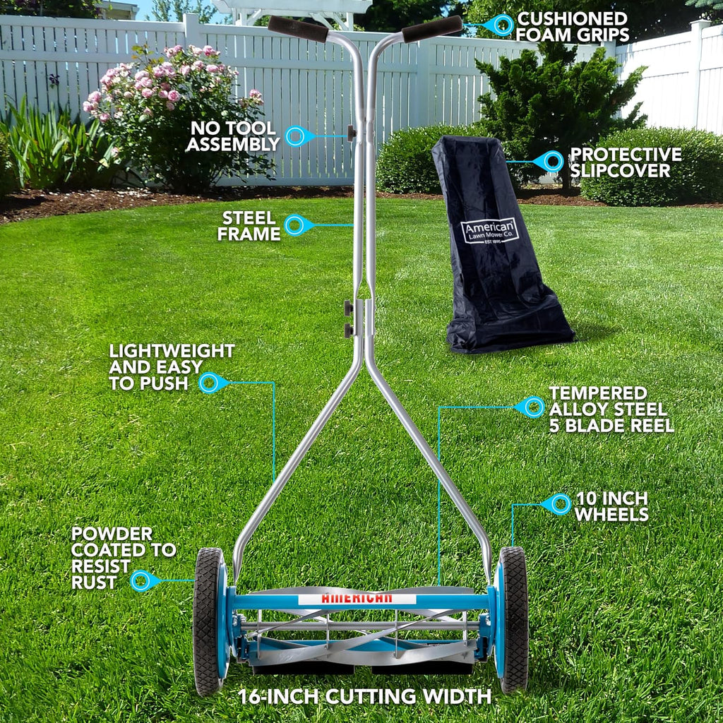 American Lawn Mower Company 2605-16 16-Inch 5-Blade Reel Push Lawn Mower, Includes Mower Cover