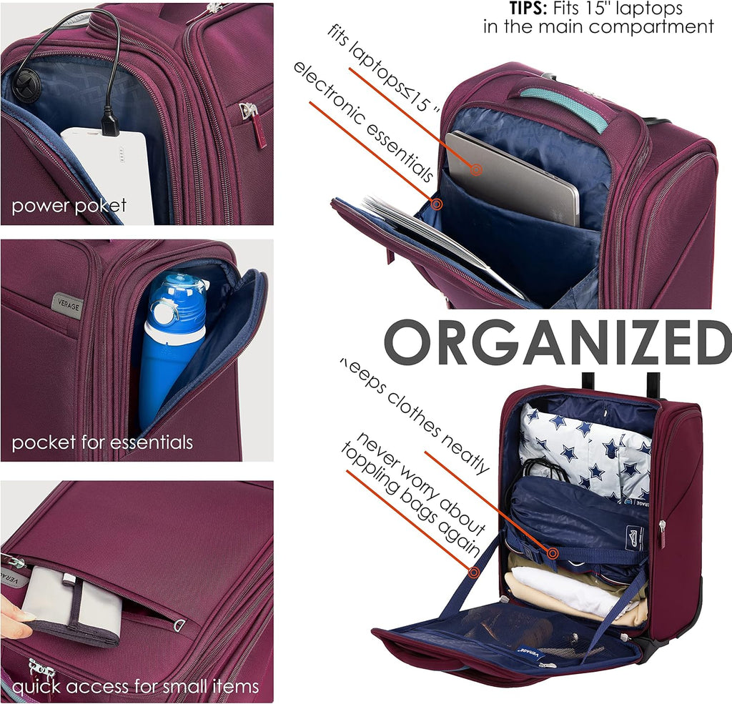 Verage Carry On Underseat Luggage with Wheels & USB Port, 16 Inch Wheeled Spinner Bag Carry-on Luggages for Airlines, Lightweight Suitcase Men Women, Pilots and Crew(16-Inch Rolling Underseat)